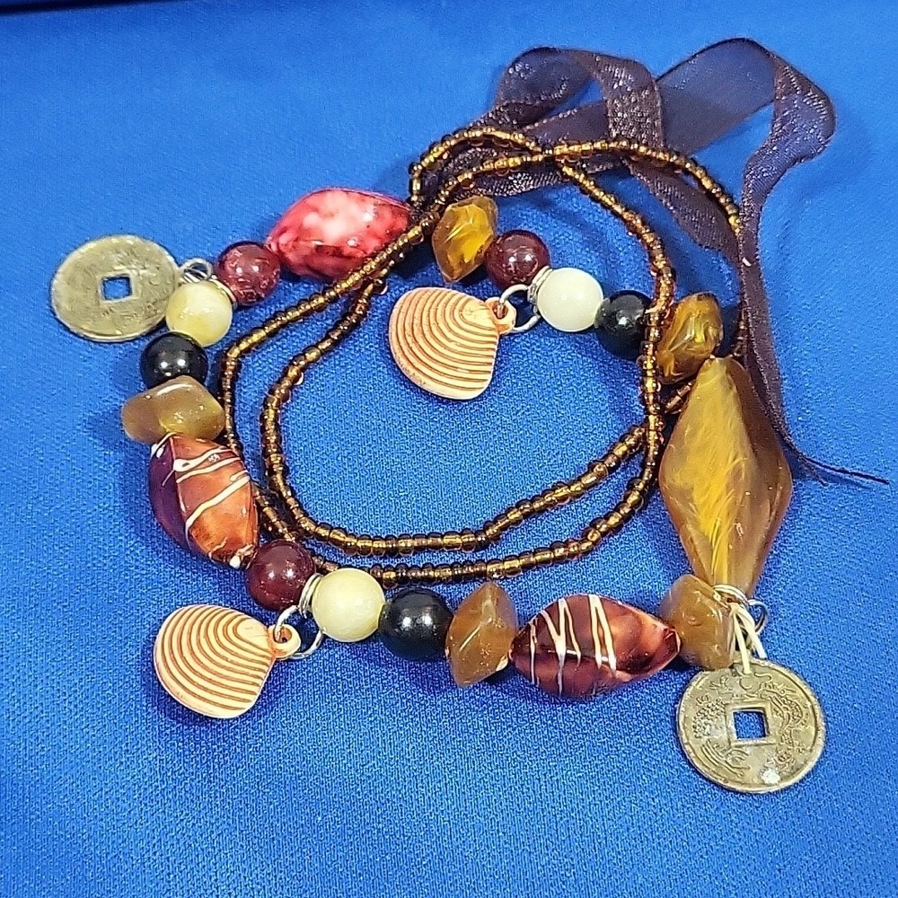 Boho Beaded Charm Bracelet Chinese Coins Slip-On Stackable